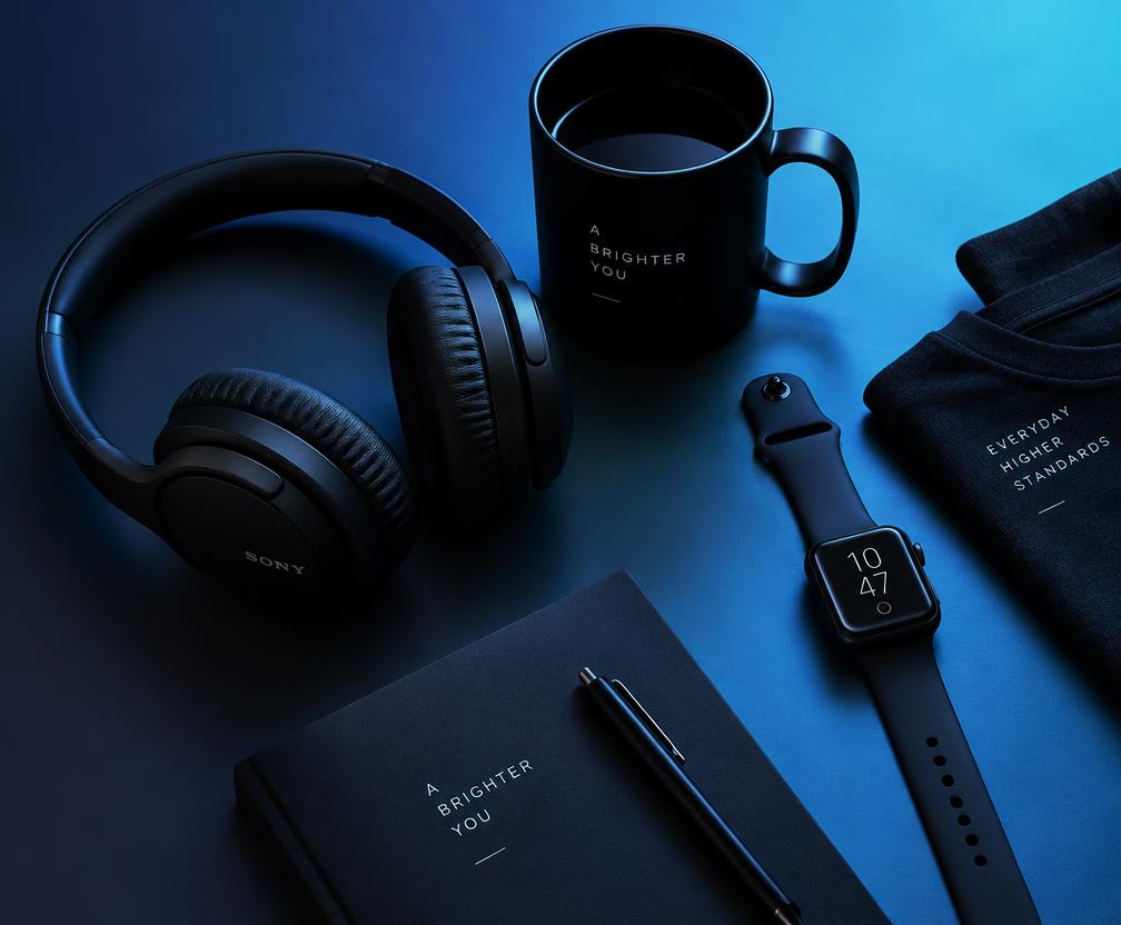 Selección de productos Elevate: audífonos, smartwatch, taza de cerámica y ropa doblada
